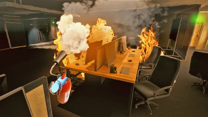 Virtual hand using a fire extinguisher to put out flames in an office during a VR fire safety training, demonstrating the practical use of firefighting equipment in a simulated emergency scenario.