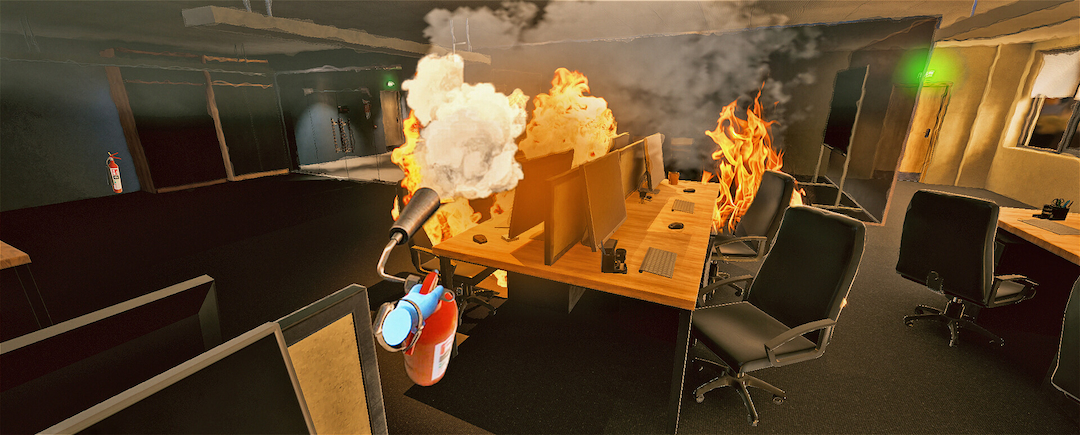 Virtual hand using a fire extinguisher to put out flames in an office during a VR fire safety training, demonstrating the practical use of firefighting equipment in a simulated emergency scenario.