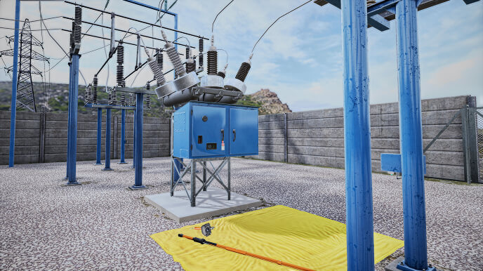 VR Training Module for MV Substation Transformer Isolating, showing equipment handling and safety procedures with PPE. Includes a transformer, hot stick, and protective grounds setup in a substation environment.