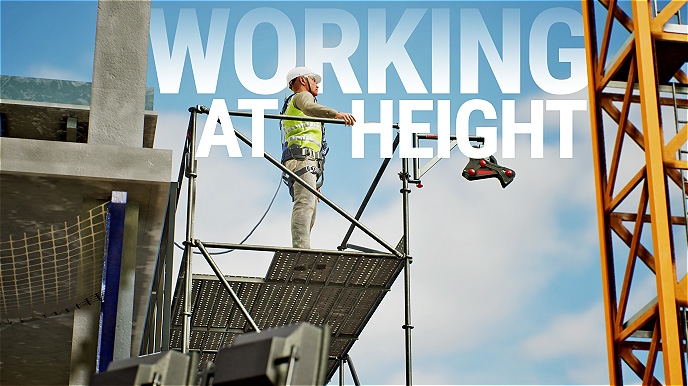 Construction worker secured on scaffold top level with safety pulley in view — used as the title card for Working at Height  VR training.