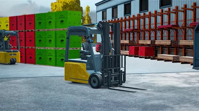 A digital rendering of a yellow and black forklift in a virtual reality setting, positioned on a concrete floor. The forklift is depicted with its fork arms lowered, situated in front of a warehouse with stacks of green and red pallets visible in the background, suggesting an industrial or logistical training scenario.