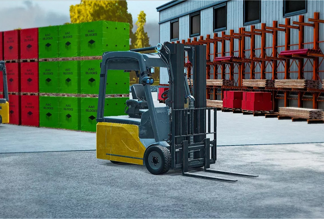 A digital rendering of a yellow and black forklift in a virtual reality setting, positioned on a concrete floor. The forklift is depicted with its fork arms lowered, situated in front of a warehouse with stacks of green and red pallets visible in the background, suggesting an industrial or logistical training scenario