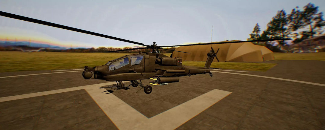 A virtual reality simulation of a military AH-64 Apache helicopter parked on a concrete helipad. The scenario is set in a field with clear skies, designed for VR training of Helicopter Landing Officers and pilots. The environment provides a realistic backdrop for mastering the techniques of safely landing and coordinating in various conditions, focusing on enhancing decision-making skills and promoting effective pilot and officer teamwork.
