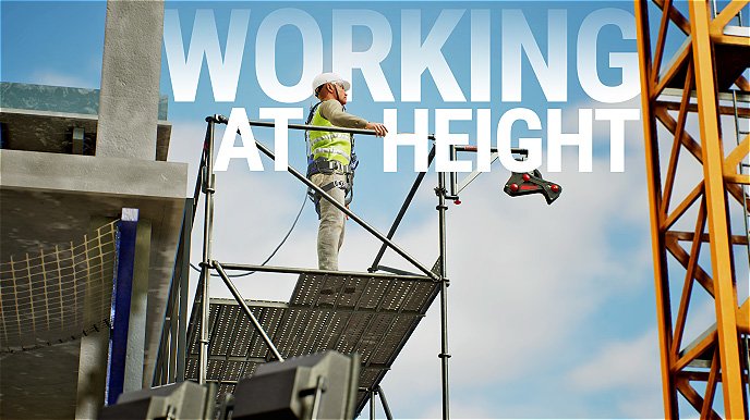 Construction worker secured on scaffold top level with safety pulley in view — used as the title card for Working at Height VR training.