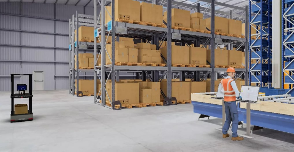 A virtual reality simulation of a warehouse environment, featuring a worker in an orange safety vest and blue pants standing next to a blue conveyor belt. Cardboard boxes are neatly stacked on high shelves in the background, illustrating a training scenario for warehouse operations and picking. The VR setting provides a realistic backdrop for trainees to learn about the supply chain and safely practice the role of a picker in an immersive, controlled environment.